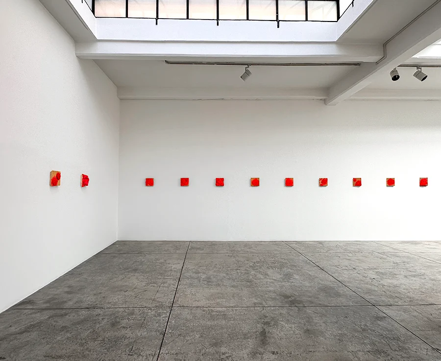 Small red works by Bosco Sodi arranged across a white wall at Cardi Gallery.