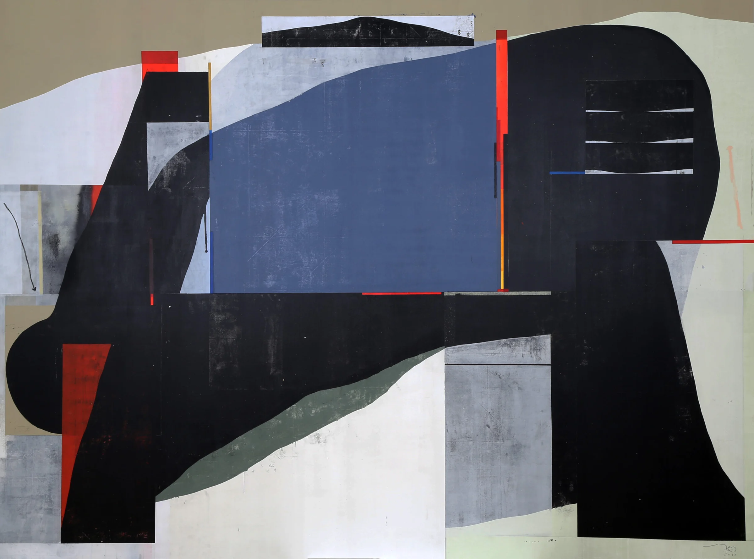 An abstract composition by 108 in black, grey, blue and red.