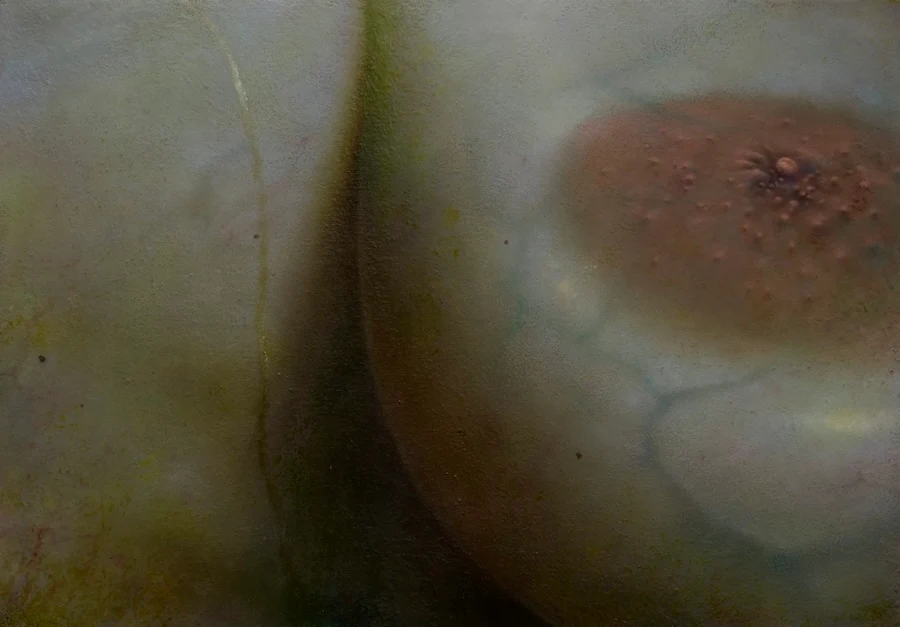 Davide Quartucci’s oil painting La limaccia, in pale pink and yellow tones.